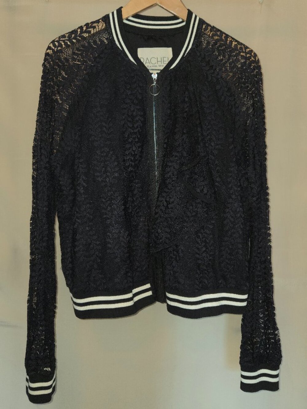 RACHEL ROY Lace Bomber Jacket. sz XL. Long Sleeve Zip Front Striped Trim Ruffle